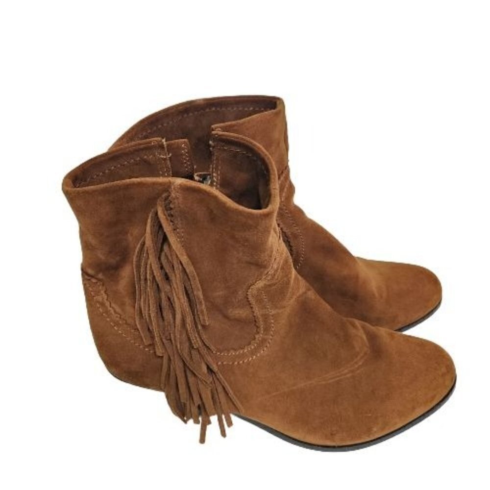 Sam Edelman Louis Caramel Brown Suede Fringed Cowgirl Booties Size 9.5M